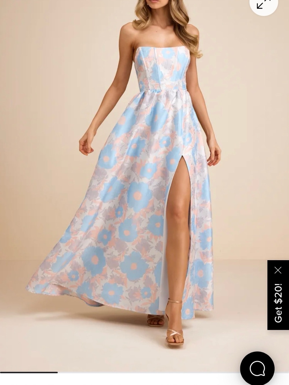 Strapless Blue & Pink Floral Maxi Dress with Thigh Slit